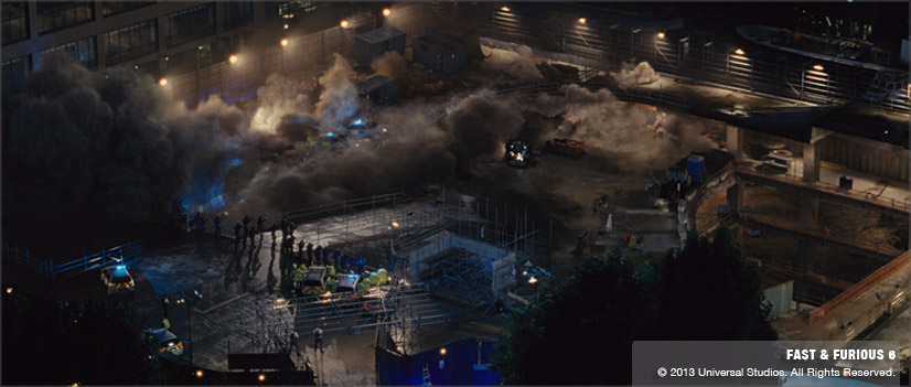 A final shot from the parcade collapse in Fast & Furious 6 (VFX by Image Engine).