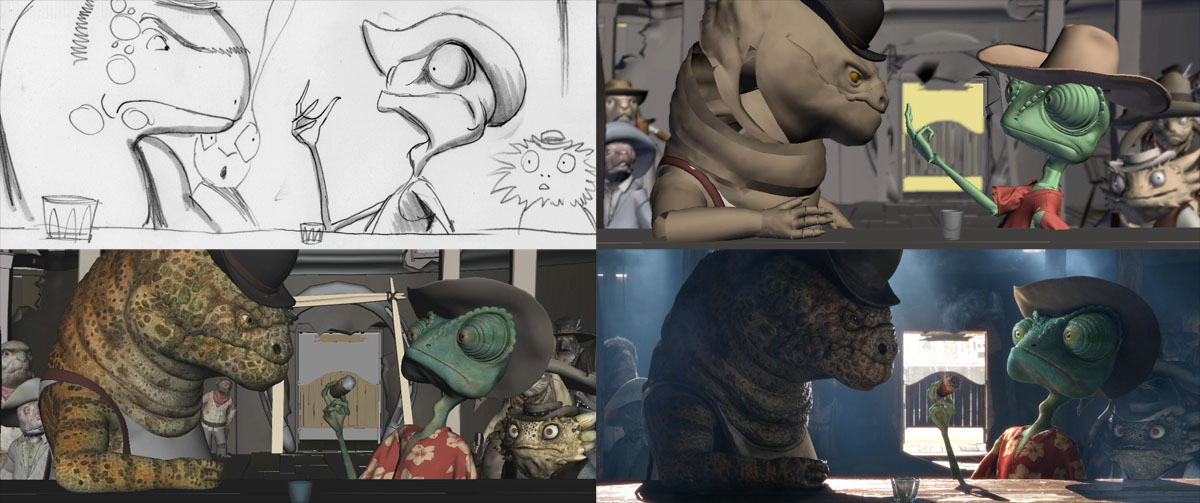 Rango: a progression from storyboard, rough layout, animation to final shot...