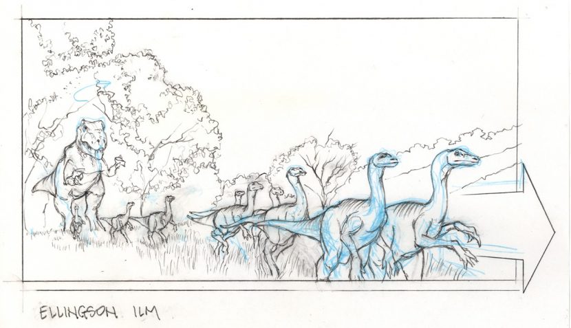 A pencil board for the ILM Dinosaur test, courtesy of Ellingson. "What we did back in those days," he says, "was photocopy our original and then lay design marker onto the copy -- this got rid of the possibility of the markers making the original drawing bleed -- I would have presented the toned copy to Dennis and the team -- the pencil was just filed."