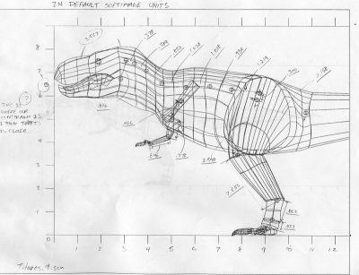 A 'chained' T-rex drawing from Williams used to figure out the joint placement with Softimage units. Says Williams: " 