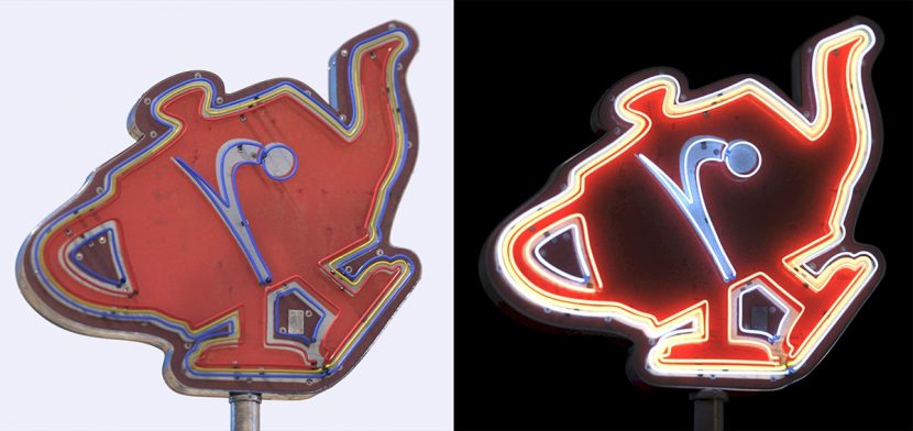 Image by Pixar's Dylan Sisson. The left image uses image based lighting, with geometric area lights used for the right image. The same shaders are used for both images. Environment lights are used in both images, with one bounce color bleeding. On the right, the neon tubes are emissive geometry. 
