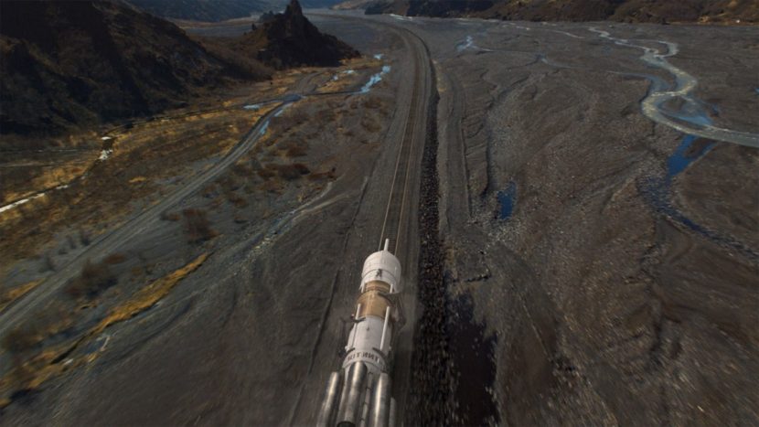 The rocket train zooms along.