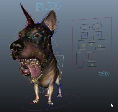 This shows the animation controls with the face control box on the right with drivers to the several hundred face controllers directly on the face and tongue. These fine controllers where also used by animators for ultra detailed final adjustments.