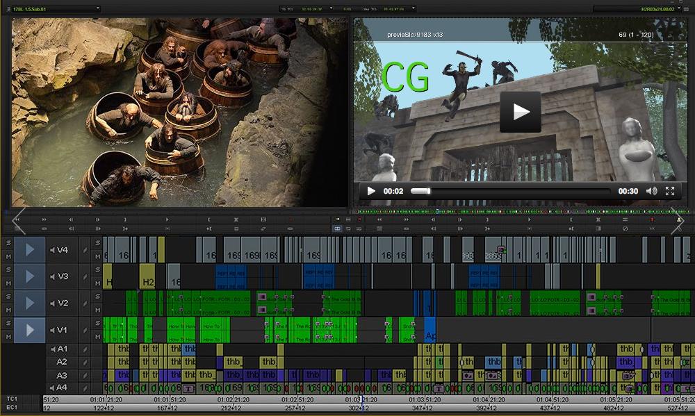 fxguide's eBook on the craft of 'The Desolation of Smaug' includes a section on editing where you can watch previs, rough cut and final versions of part of the barrels sequence.