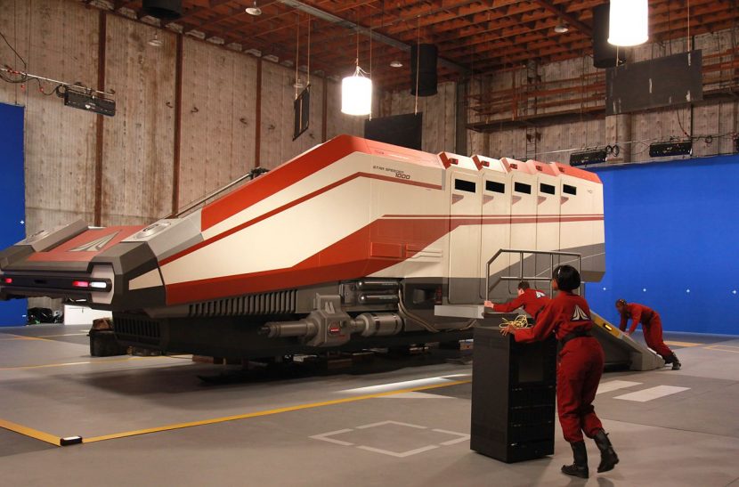 The Starspeeder 3000 transport ship in a Hollywood soundstage during filming for a key sequence for the attraction.