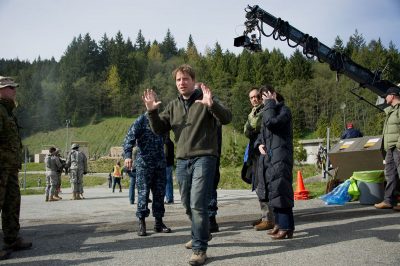 Director Gareth Edwards on the set of Godzilla.