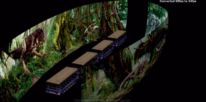 This behind the scenes images shows how two massive screens surround the tram in King Kong 360.