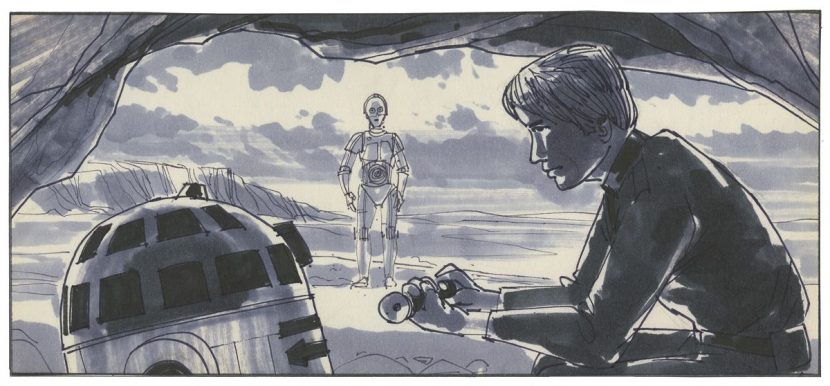 An exclusive image from the book. Hidden in a cave on Tatooine, Luke builds his new lightsaber; outside, his X-wing and the Falcon are parked on the desert sand. (By Joe Johnston