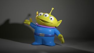 Toy Story Alien rendered with RIS, using the Path Tracer and the built-in Skin shader. The shader uses integrates three depths of SSS and employs indirect illumination in the final result. It is a single pass,- with 3 point lighting.
