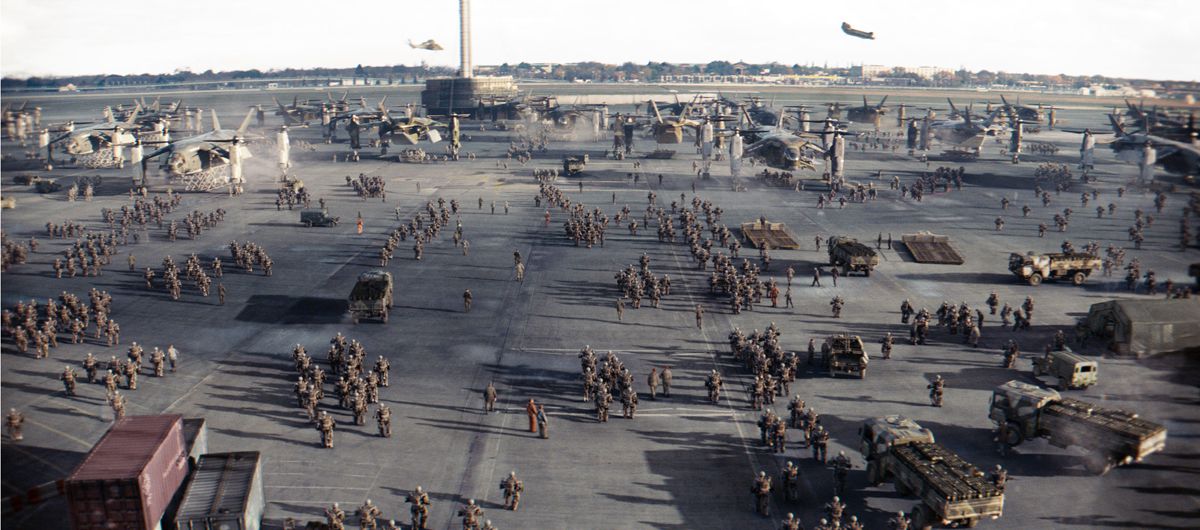 The ncam system helped in crafting the Heathrow shots during the shoot.
