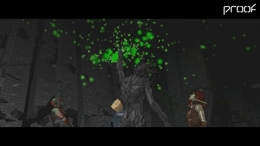 Proof previs for Groot's spore growing scene later in the film.