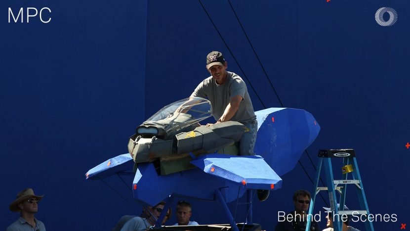 Peter Berg tests the blue screen hover bike prop.