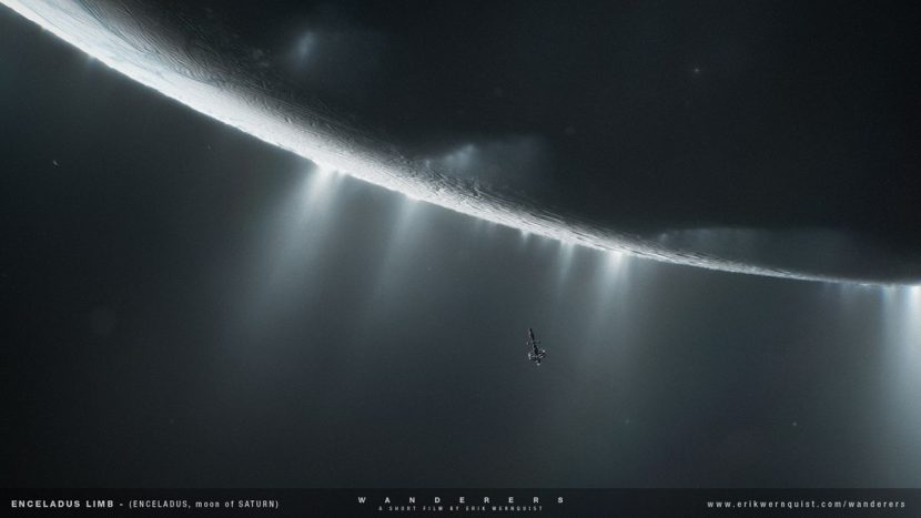 Final shot of a spacecraft floating through the cryo geysers on the south pole of Saturn´s moon Enceladus.