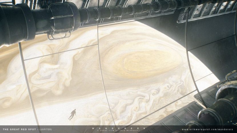 Final shot from Wanderers depicts a spacecraft in orbit around Jupiter, looking down at the huge anticyclonic storm known as the Great Red Spot.