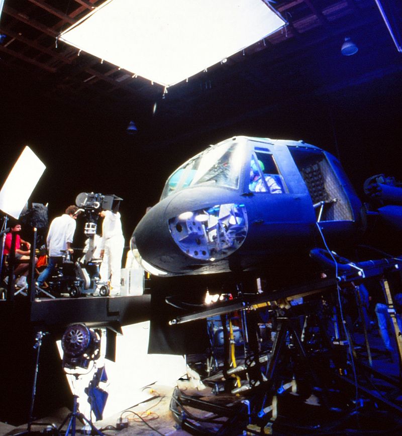 Helicopter sequences was shot on a helicopter buck against greenscreen at Warner Bros.