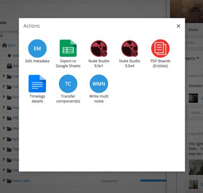 New Actions in ftrack, showing some examples which will be part of the 3.2 release