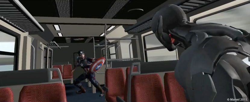 Captain America and Ultron fighting as seen through a virtual camera session.