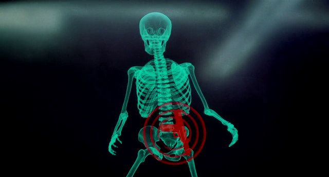 MetroLight's final skeleton x-ray animation. Originally intended to be driven by motion capture data, the final effect was all keyframed, but still made use of on-set reference footage.