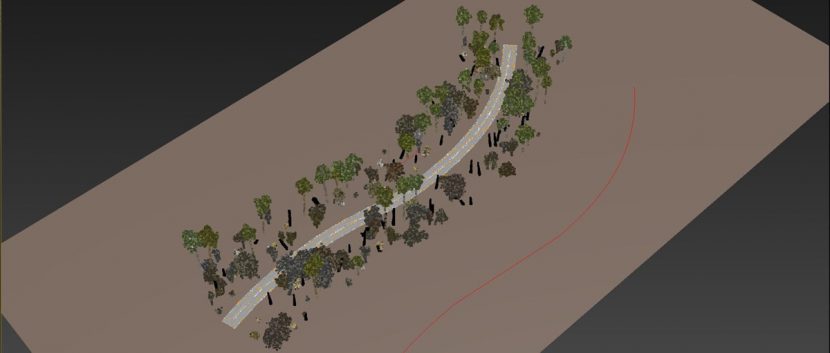 Screengrab of road setup; spline driver that controls path shape of the road, while maintaining UVs, and distribution area of the pebbles and foliage set up within Forest Pack.