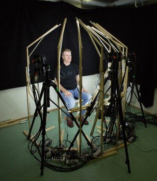 Medusa rig - this rig is both portable and lightweight. (fxguide Mike Seymour seen seated).