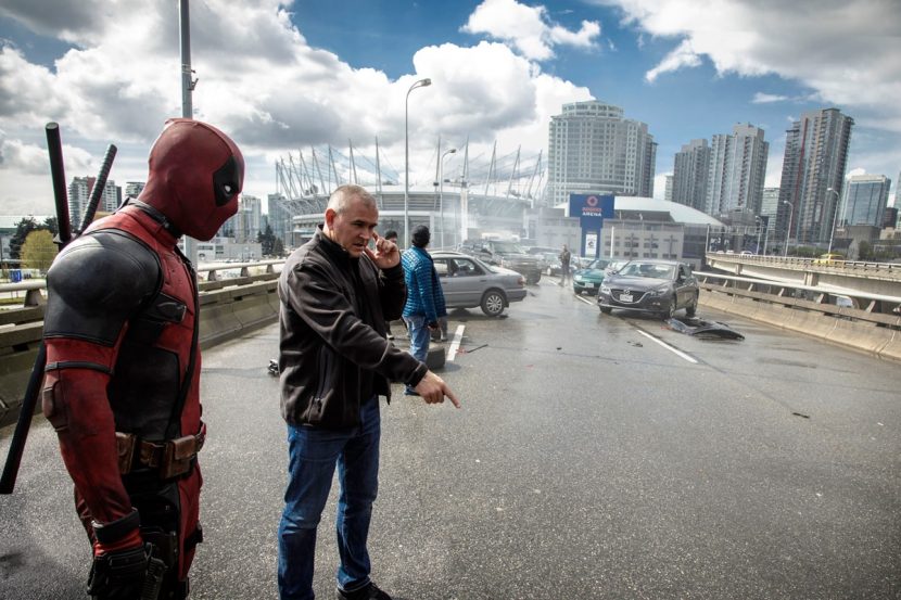 Tim Miller on set with Ryan Reynolds as Deadpool.