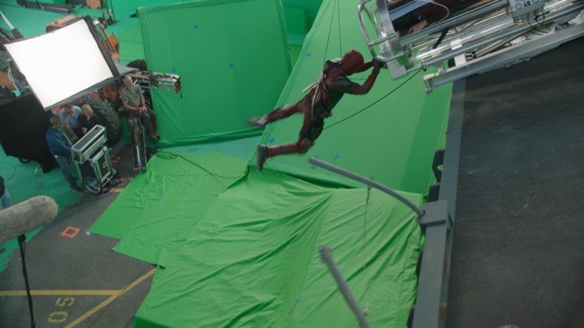 Deadpool hangs on the helicarrier in this greenscreen plate.