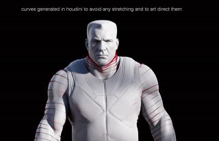 Curves generated in Houdini to avoid any stretching and to art direct them.