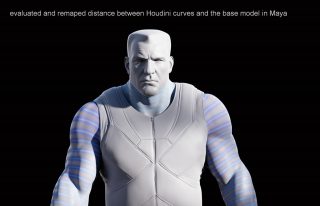 Evaluated and remaped distance between Houdini curves and the base model in Maya.