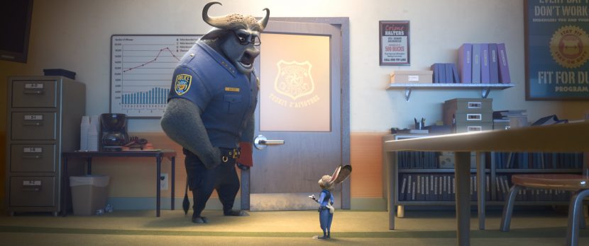 Buffalo Chief Bogo and rabbit Judy Hopps. ©2016 Disney. All Rights Reserved.